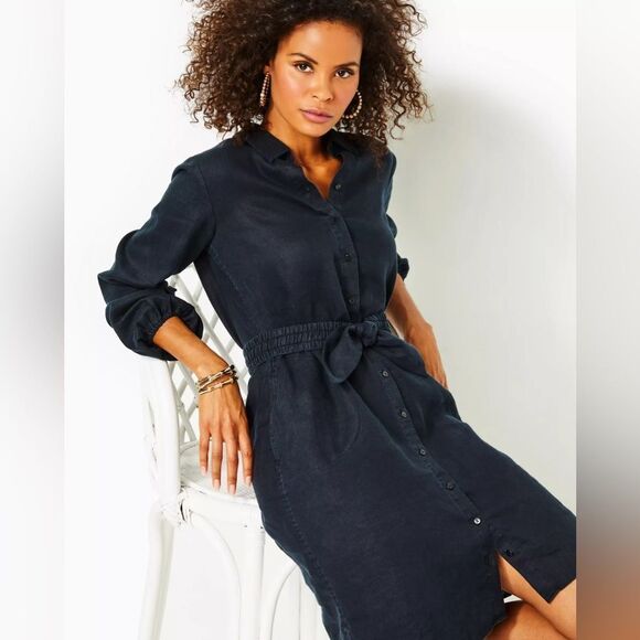 Bethanne Knee Length Linen Dress Black Onyx missing belt - Picture 1 of 5